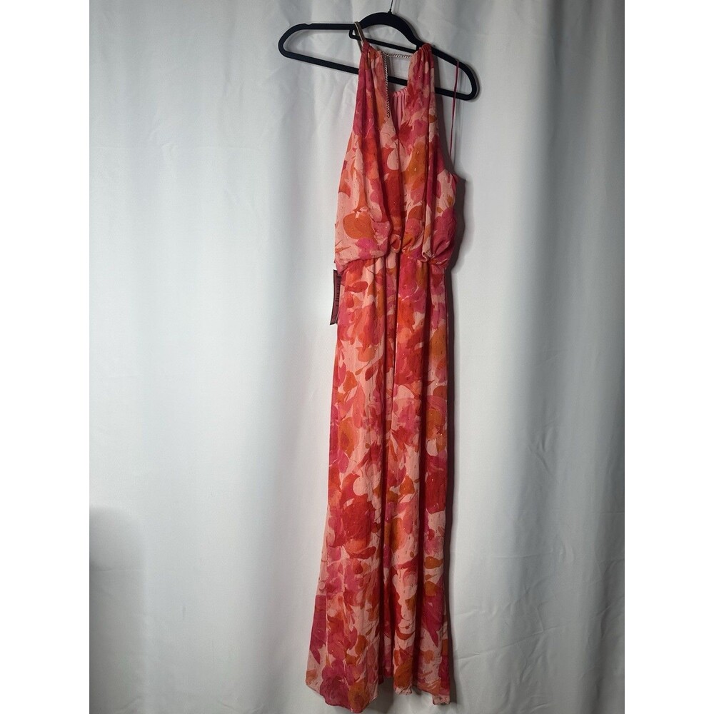 MSK Floral Halter Maxi Dress Sz 16 NWT Gold Strap Neckline Pull‑On No Zip